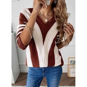 NEW EVALESS Long Sleeve V-Neck‎ Striped Sweater Rust / Cream Size Large Color.